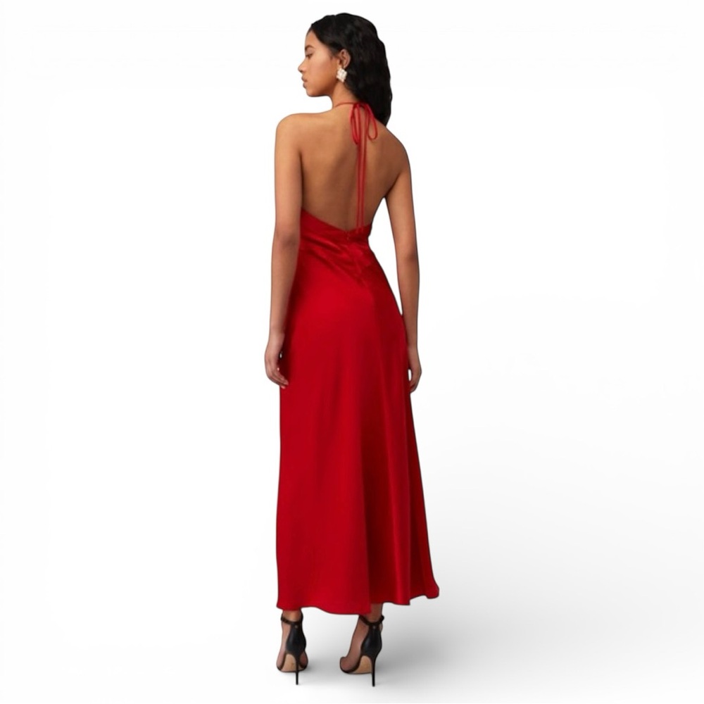 RONNY KOBO Wonder Red Satin Gown Halter Neck Maxi‎ Dress with Rose Detail Size S - Picture 2 of 14